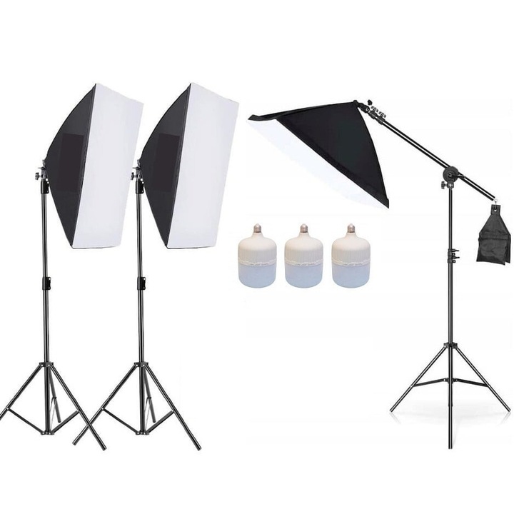 Kit de 3 softboxuri cu macara ajustabila, 3 trepiezi reglabili 200 cm, 3 becuri LED 50W, Dactylion®