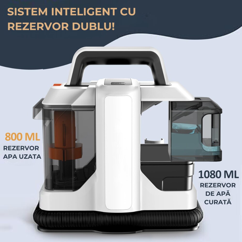 Aspirator profesional Multifunctional, Dasbo®, Curatare umeda si uscata, cu pulverizare apa pentru covoare, mochete si tapiterii, Sistem patentat de 2-in-1 rezervoare, design compact, fara sac, 400w