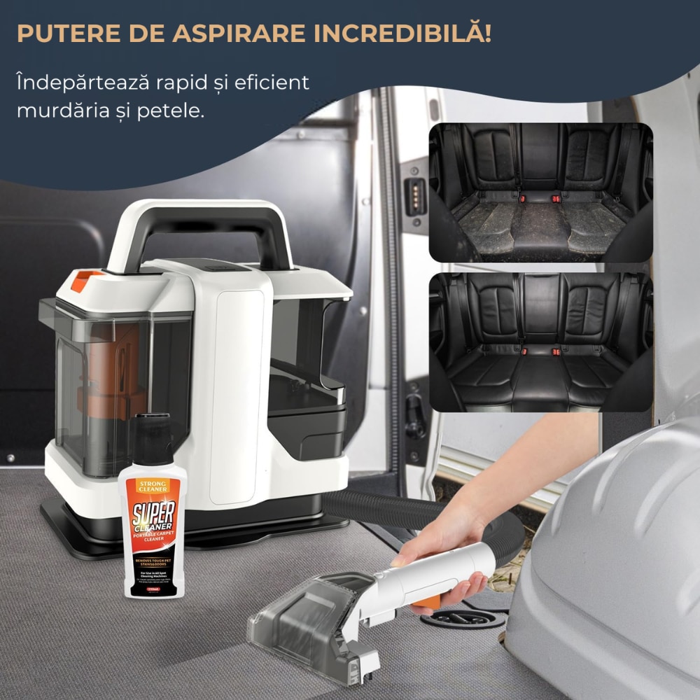 Aspirator profesional Multifunctional, Dasbo®, Curatare umeda si uscata, cu pulverizare apa pentru covoare, mochete si tapiterii, Sistem patentat de 2-in-1 rezervoare, design compact, fara sac, 400w