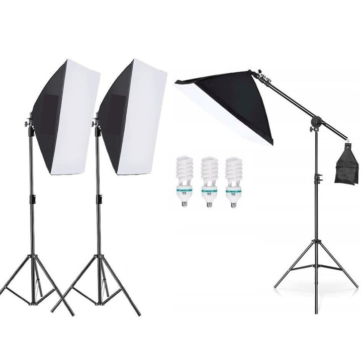 Kit de 3 softboxuri cu macara ajustabila, 3 trepiezi reglabili 200 cm, 3 becuri 150W, Dactylion®