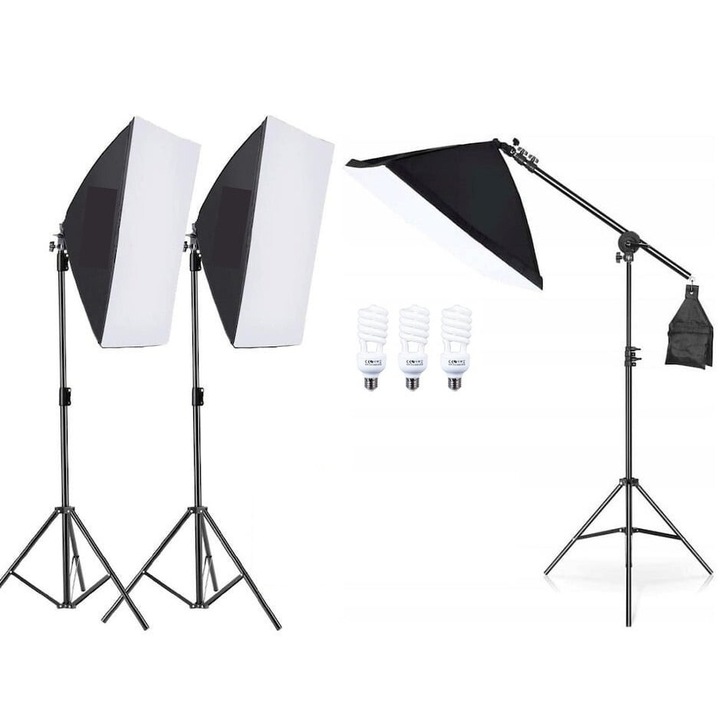 Kit de 3 softboxuri cu macara ajustabila, 3 trepiezi reglabili 200 cm, 3 becuri 45W, Dactylion®