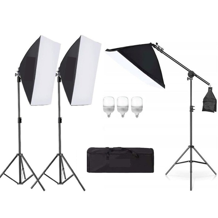 Kit de 3 softboxuri cu macara ajustabila, 3 trepiezi reglabili 200 cm, 3 becuri LED 25W, geanta de transport inclusa, Dactylion®