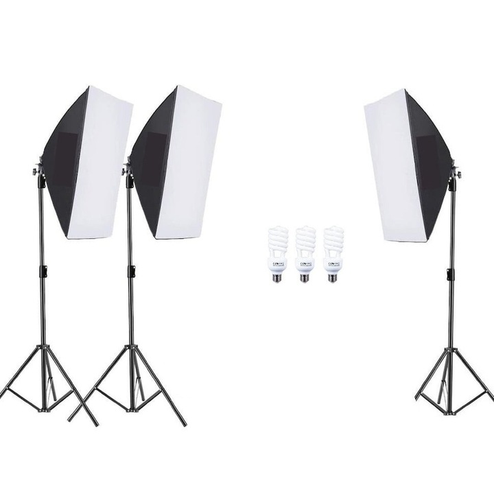 Kit de 3 softboxuri, 3 trepiezi reglabili 200 cm, 3 becuri 45W, Dactylion®