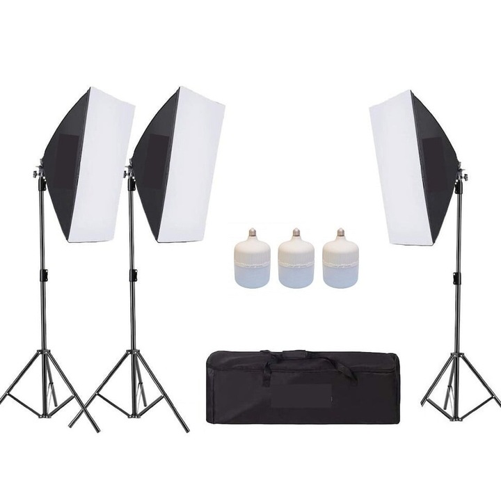 Kit de 3 softboxuri, 3 trepiezi reglabili 200 cm, 3 becuri LED 50W, geanta de transport inclusa, Dactylion®