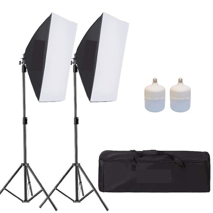Kit de 2 softboxuri, 2 trepiezi reglabili 200 cm, 2 becuri LED 50W, geanta de transport inclusa, Dactylion®