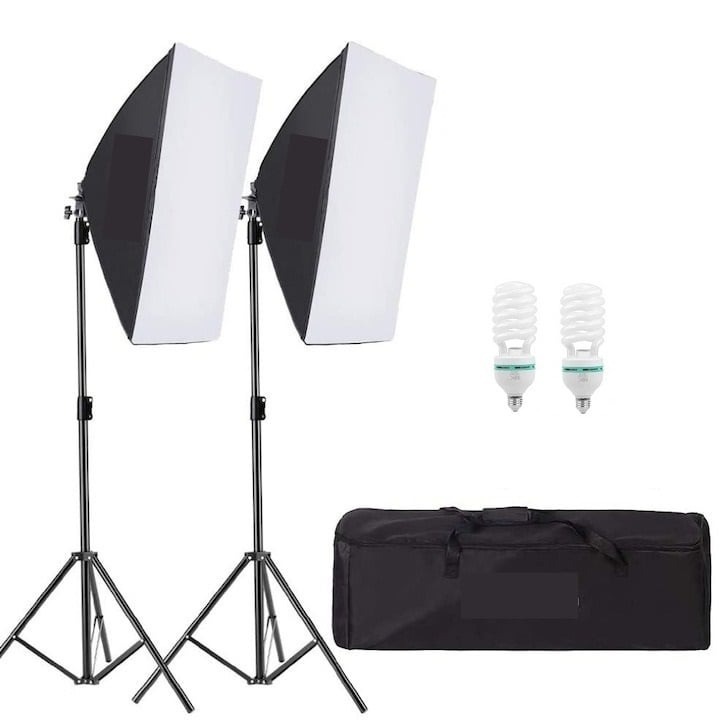 Kit de 2 softboxuri, 2 trepiezi reglabili 200 cm, 2 becuri 85W, geanta de transport inclusa, Dactylion®