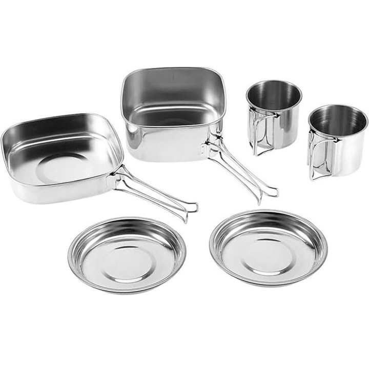Kemping edénykészlet, rozsdamentes, összecsukható, fogantyús, 6 részes készlet, ezüst