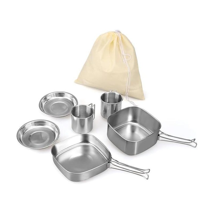 Set vesela camping, inox, pliabil, cu maner, set 6 piese, argintiu