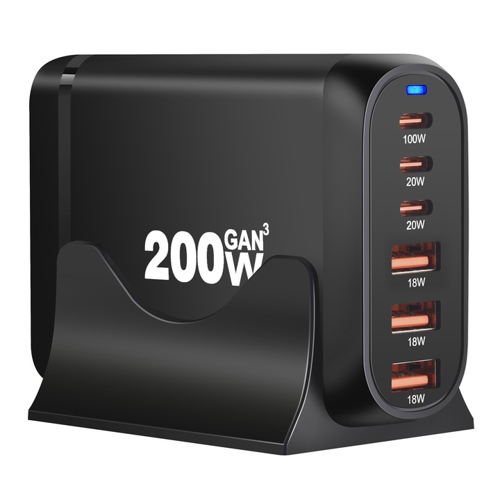 200W GaN3 зарядна станция 6 порта QC2.0, QC3.0, PD, PD 3.0 USB Type-C бързо зареждане за смартфон, MacBook Pro, лаптоп, iPad, Samsung Galaxy, iPhone, RiKbo®