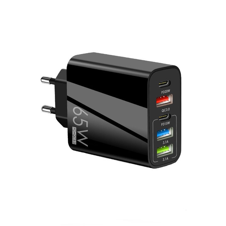 Incarcator de retea cu 5 porturi, putere 65 W, 3 USB, 2 Type-C, universal, usor de purtat, compatibil cu telefoanele iPhone si Android, OUYLAF, negru