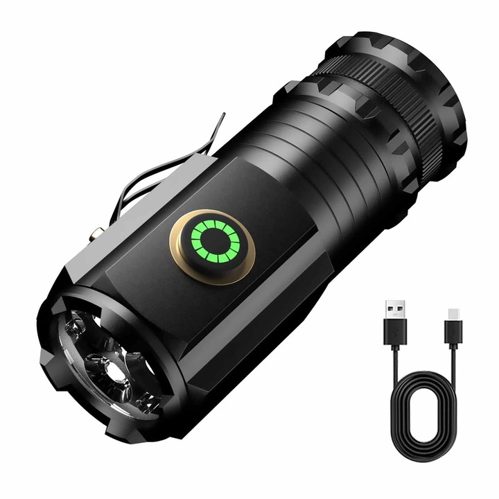 Акумулаторен алуминиев фенер, 5 режима на светене, ултра-ярък, включена батерия, USB зареждане, 2000 лумена, професионален, 80x30 мм, OUYLAF, черен