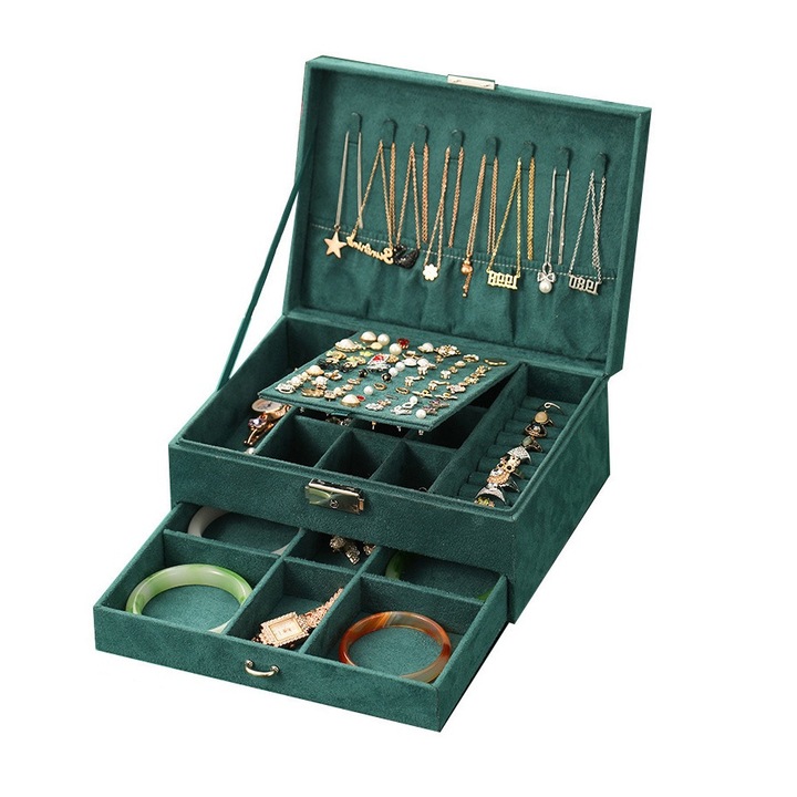 Cutie de bijuterii, cutii de bijuterii pentru inele, ceasuri, cu lacat si cheie, LEIISVK, verde inchis
