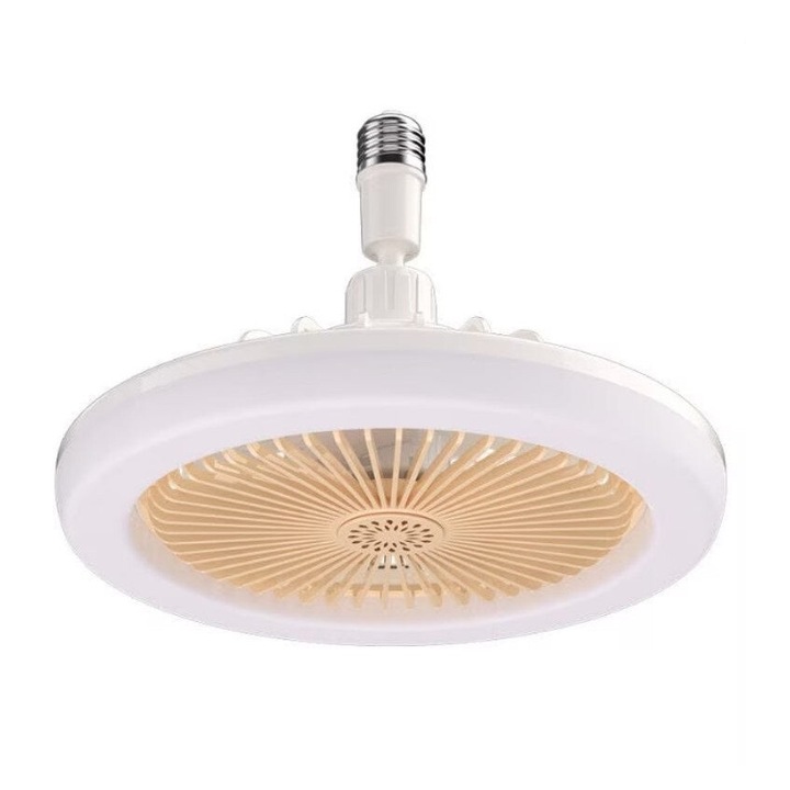 Csendes mennyezeti ventilátor, 30W, 3 sebességfokozat, E27/B22 talppal, világítással és távirányítóval, Welora, fehér-sárga színben