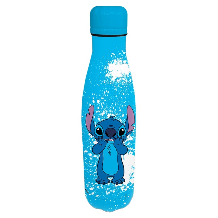 Termos din otel inoxidabil Stitch, tip sticla, perete dublu, capac etans, capacitate 500ml, culoare turcoaz