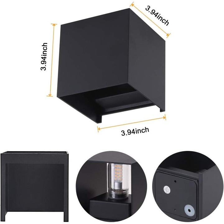 Set 2 Aplice LED pentru interior/exterior, IP65, 3000K, 3.8W, aluminiu, 10x10x10cm