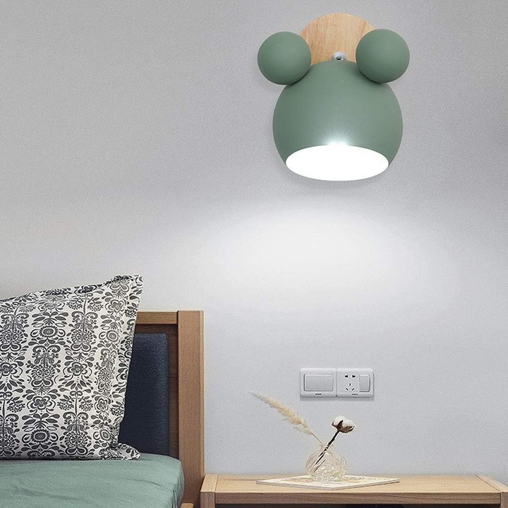 Aplica cu tema ursulet, Enforose, design cartoon, lemn de cauciuc natural si fier forjat, pentru camera copii, E26