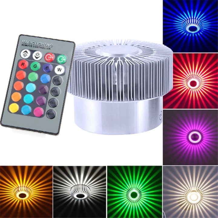 Lampa de perete LED RGB cu model floarea soarelui, 360 de grade, cilindru gol, colorata, pentru sufragerie, dormitor, scara, hol (argintiu)