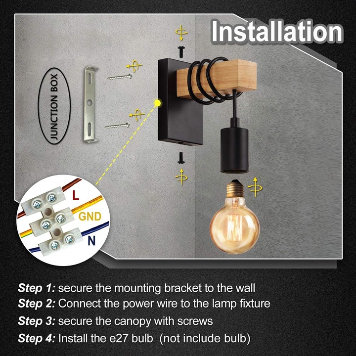 Винтидж аплик за стена в индустриален стил, рустик аплик за стена от дървена клетка на Едисон с дизайн на асансьор и влагоустойчиви греди от масивно дърво за кухня, всекидневна