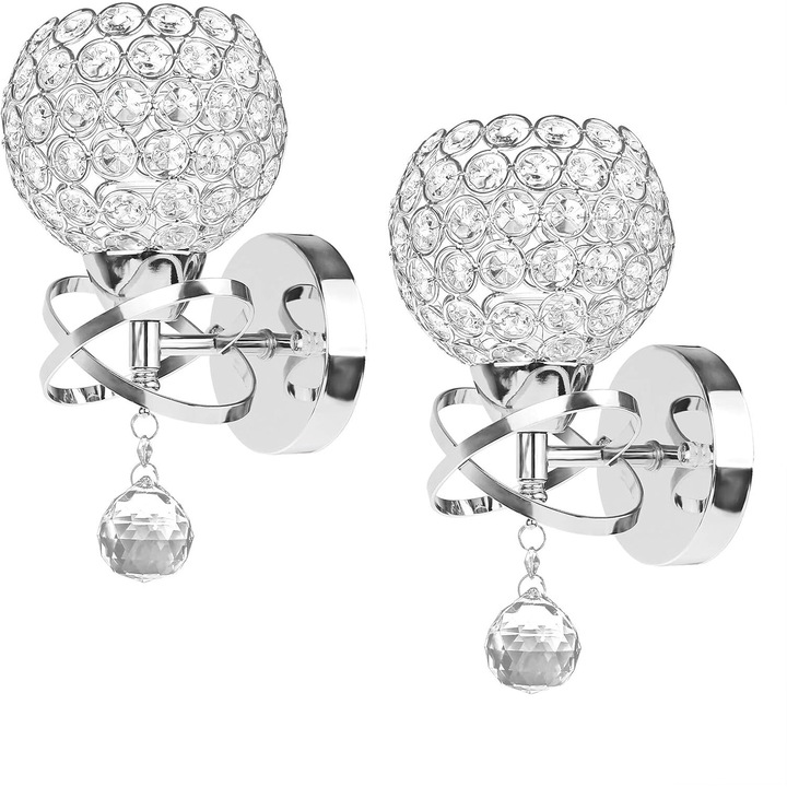 Set 2 aplice de perete din cristal, argintii, 12.3x14.5x24.5cm, E14, fara bec