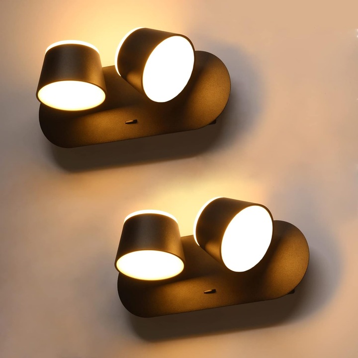 2 db LED fali lámpa szett, 12W, meleg fehér, fekete, 360°-ban állítható, 960 lumen