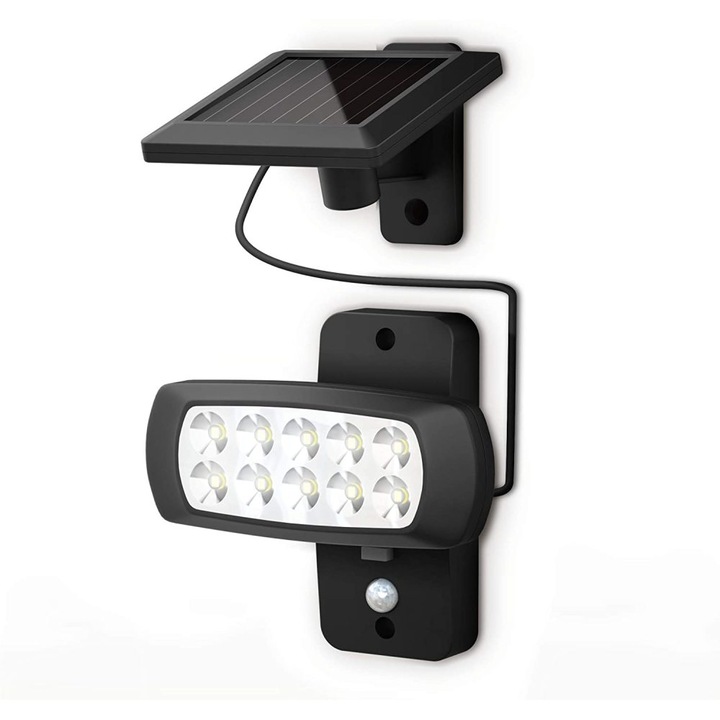Aplica LED solara exterior IP44, detector de miscare, neagra, 3 moduri de functionare, 6500K