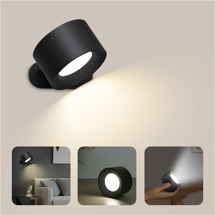 Aplica LED cu control tactil, 3 nivele de luminozitate, 3 culori, rotire 360°, reincarcabil USB