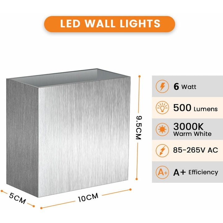 Комплект от 2 модерни LED апликации за интериор/екстериор, 6W, 3000K, 500LM, Д.10 x Ш.5 x В.9,5см