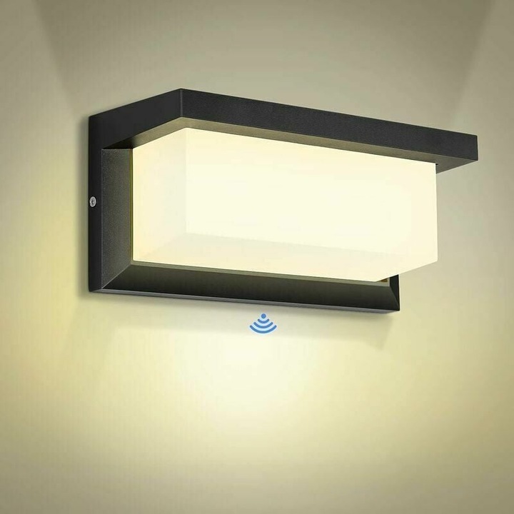 Lampa de perete LED pentru exterior cu senzor de miscare, 18W, moderna, alb cald, IP65, impermeabila, pentru terasa si gradina