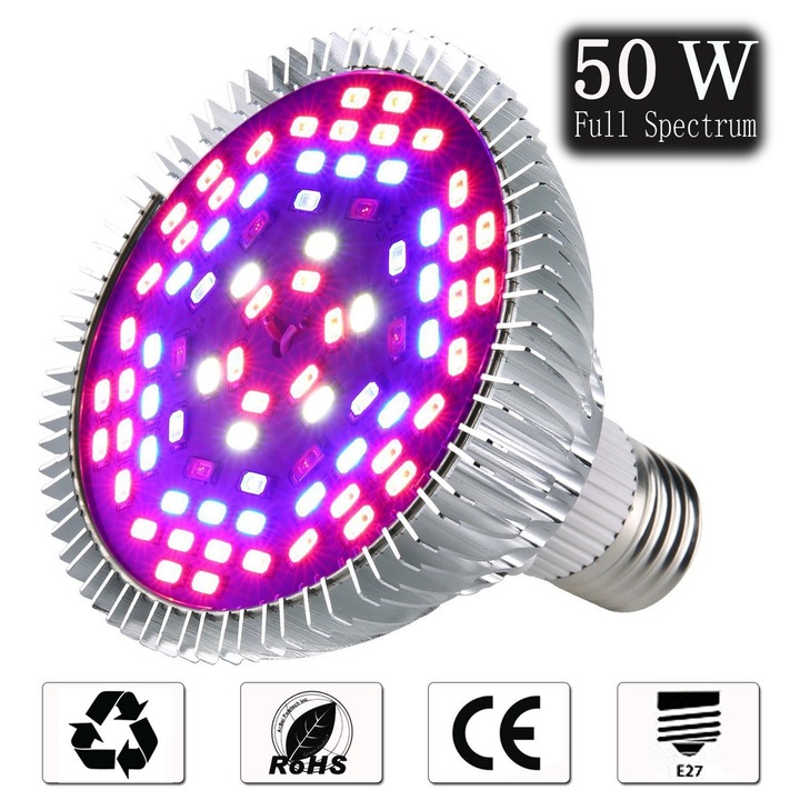 Lampa LED pentru plante, 50W, spectru complet, 78 LED-uri, multicolor, 50.000 ore viata