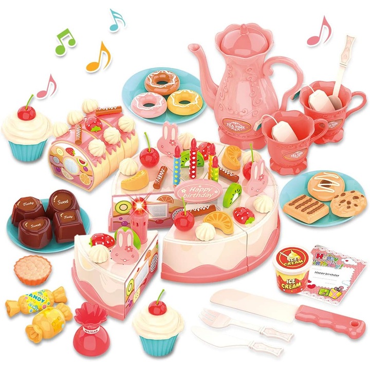 Születésnapi torta játékszett, Enforose, 82 darabos, fényekkel és zenével, nem mérgező, környezetbarát műanyag