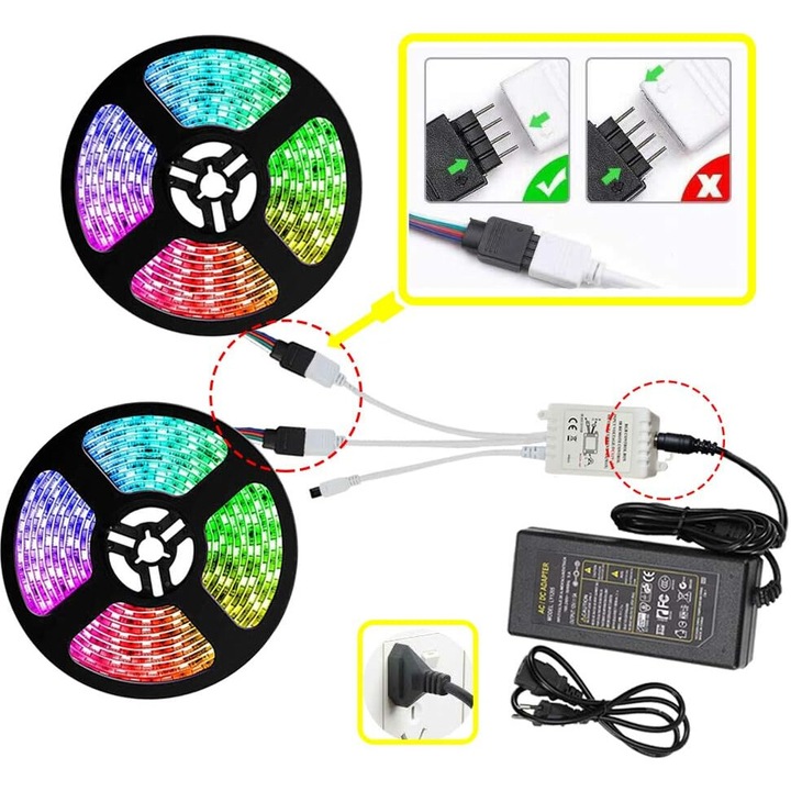 Set Benzi LED RGB 5m, luminozitate reglabila, fara radiatii, fara palpaire, 12V