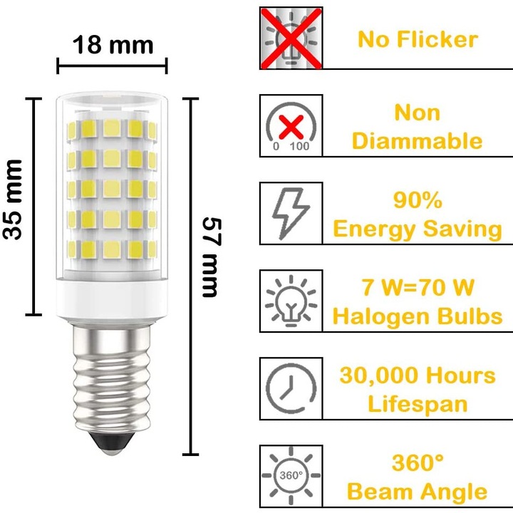 Set 4 Becuri LED BGHYHYHI, E14, 7W echivalent 70W, Lumina Rece 6000K, Fara Palpaire, 360°, Transparent