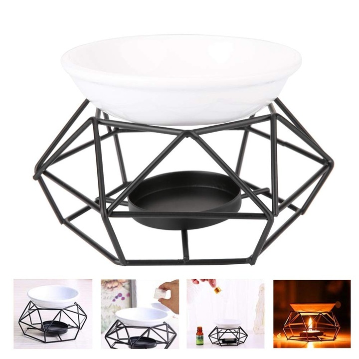 Поставка за ароматерапия, ютия и керамика, черно/бяла, 12x8 см, 60 мл