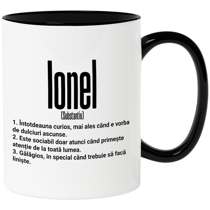 Cana Cu Numele Ionel, Cu Mesaj Amuzant, Curios, Sociabil, Galagios, 330ml, Ceramica cu Maner Negru