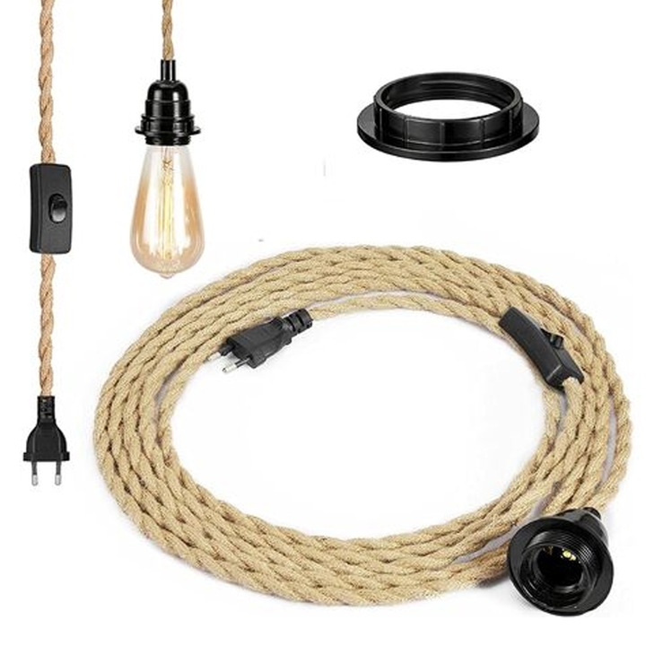 Kötél függőlámpa, E27 foglalat, 4,5 méteres elektromos kábel, retro stílusú, 3 db kapcsoló készlet