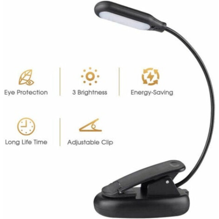 Lampa de citit cu LED, reincarcabila, 3 culori, 3 niveluri de luminozitate, USB
