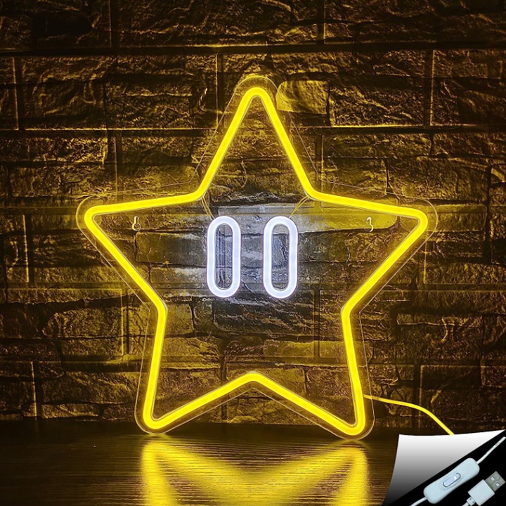 Lampa neon stea, decor gaming, acrilic, 35x35cm