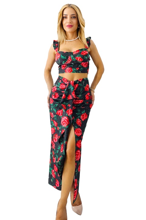 Compleu Summer Party, top cu volane si fusta cu imprimeu trandafiri, Negru, Marimea universala S/M