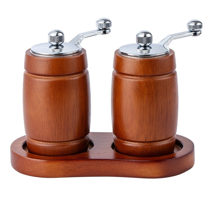 Set 2 rasnite pentru sare si piper, JESWO®, manuale, mecanism de reglabil, cu baza depozitare, 10x15cm, Maro