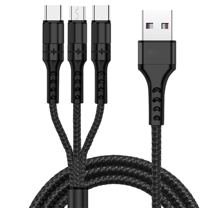 Кабел за данни 3 в 1 с бързо зареждане GAVIO, USB към USB-C, Lightning, MicroUSB, 1.2м, 5A, Съвместим с Apple iPhone, Samsung, Huawei, Xiaomi, Черен