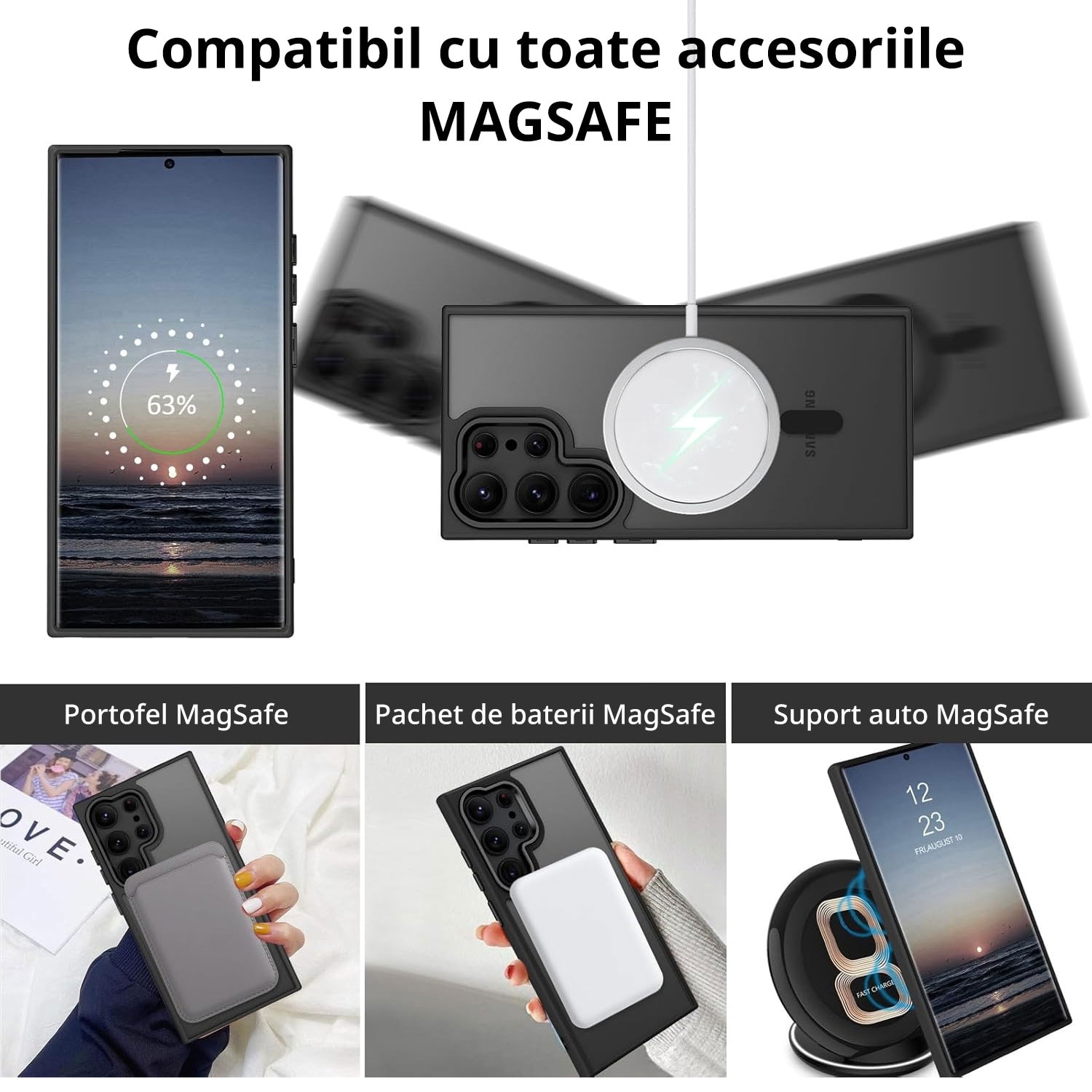 Husa telefon compatibila Samsung Galaxy S24 Ultra, transparenta mata, protectie cu silicon, suport