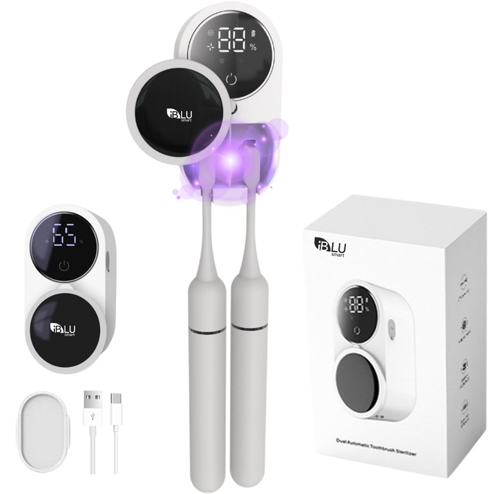 Преносим UV стерилизатор за 2 четки за зъби iBLU smart, Ефективност на дезинфекция 99,99%, Смарт държач за четки за зъби с функция за изсушаване, Автоматичен сензор за отваряне и затваряне, Непрекъсната дезинфекция 24/7, HD дисплей, Без пробиване, Бял