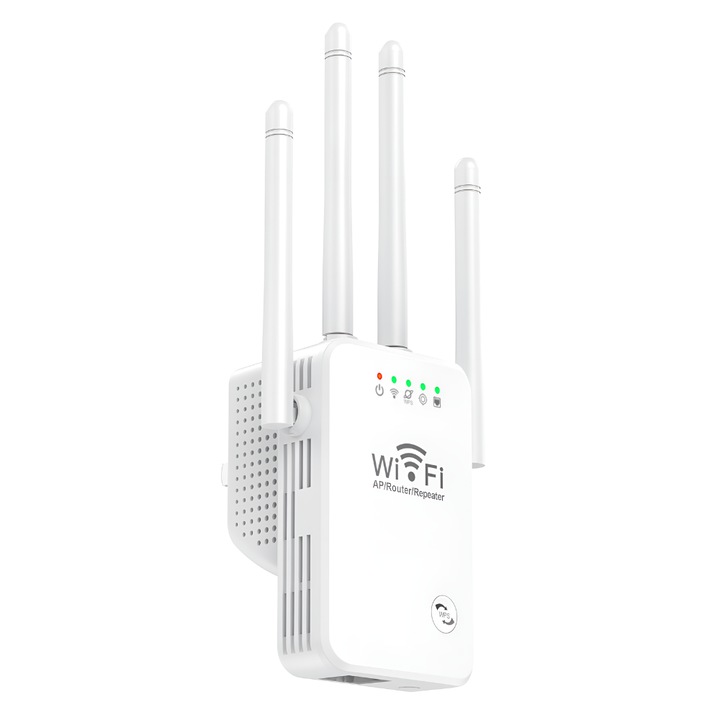 Усилвател на безжичен сигнал JOZY®, 4 антени с MIMO технология, WIFI мрежов разширител, LED индикатори, LAN слот, разширени опции за сигурност за вашата интернет мрежа, WEP и WPA/WPA2 връзка, бяла, 2,4 Hz мрежа, скорост на трансфер 300 Mbps