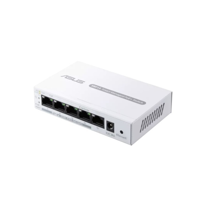 Switch PoE+ Business ASUS ExpertWiFi EBP15, 5 porturi gigabit din care 4 porturi PoE+ cu pana la 60 wati, VLAN, QoS, Port Mirroring, AiMesh, montare perete