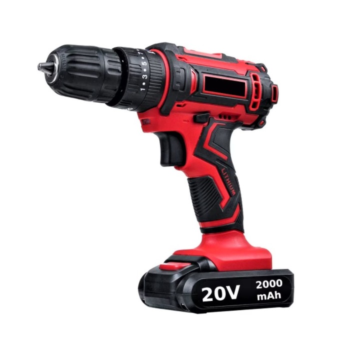 Ütőfúró és csavarhúzó gép, 2 elem, 20 V 2000 mAh Li-Ion, 25+1 nyomatékszint, 42 Nm, 2 fokozat 500/1500 RPM, fém tokmány 10 mm, 30 tartozék, fekete/piros, ATT®