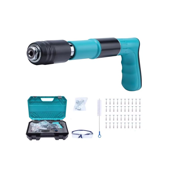 Mini Pistol manual pentru fixarea cuielor pe perete Nail Gunner Doty®, 30 cm, calibru 7.3 cm, pneumatic, accesorii, cutie transport si 100 cuie incluse, turcoaz