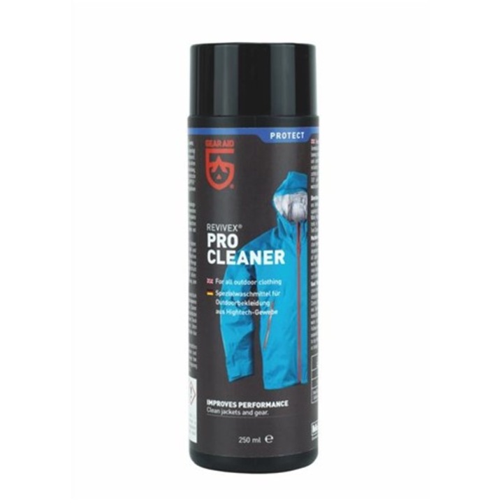 Solutie curatare Gear Aid Revivex Pro Cleaner 250ml, pentru materiale tehnice, eficienta la 30C, pentru tesaturi GORE-TEX, set 15 articole