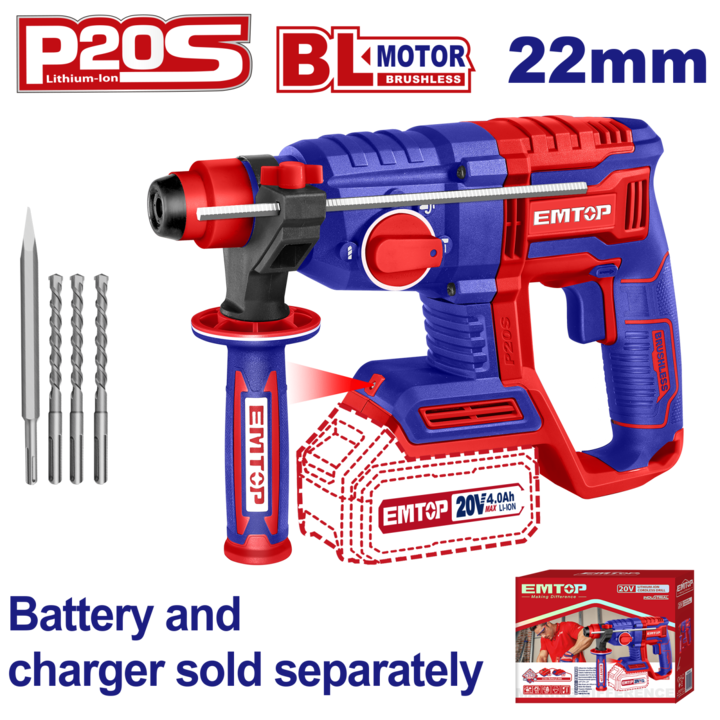 Ciocan rotopercutor fara acumulator si incarcator, motor fara perii (brushless), 22mm, 2.0J, 3 burghie incluse