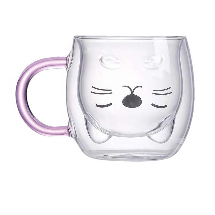 Set ceasca espresso dublu perete, sticla borosilicata, 230ml, design pisica, mov