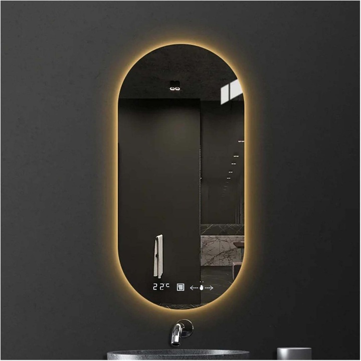 Oglinda Baie LED 50x80cm, Senzor Lucia, ceas, termometru, dezaburire, rezistent la socuri, memorie, 3 culori, de vanitate cu LED